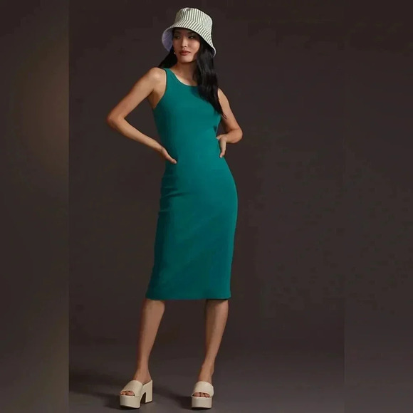 MOTHER Chin Ups Midi Dress Ribbed Tank in Move It Cadmium Green - Picture 1 of 15